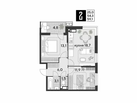 2-комнатная квартира: Краснодар, микрорайон Парк Победы (59.1 м)