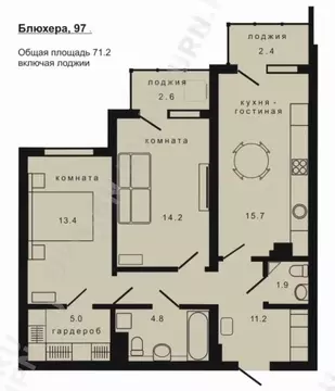 2-к кв. Свердловская область, Екатеринбург ул. Блюхера, 97 (72.0 м)