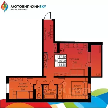 3-к кв. Пермский край, Пермь ул. Гашкова, 56к2 (55.7 м)