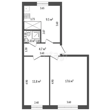 Квартира, 2 комнаты, 45.4 м
