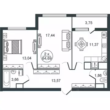 2-к кв. Тверская область, Тверь Южный мкр,  (64.69 м)