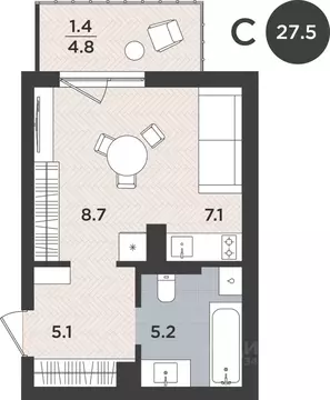 1-к кв. Калининградская область, Калининград Тихорецкая ул. (27.5 м)