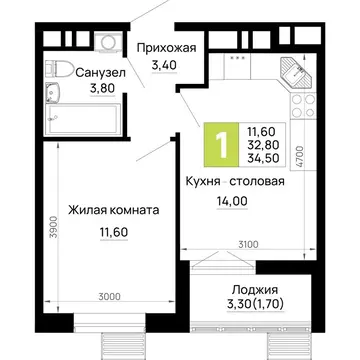 1-комнатная квартира: Тахтамукайский район, посёлок городского типа ...