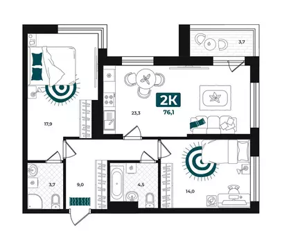2-комнатная квартира: Тюмень, улица Евгения Войнова, 8 (76.1 м)