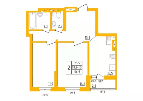 2-к кв. Башкортостан, Уфа Инорс-4Б мкр, Акварель жилой комплекс (56.5 ...