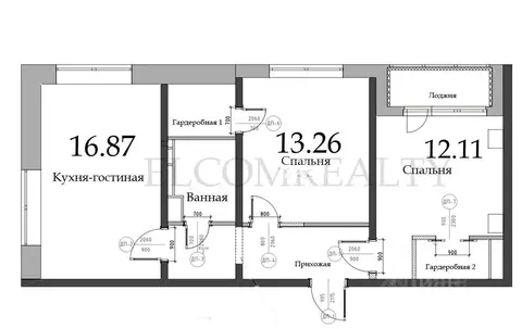 Квартира, 2 комнаты, 58.1 м