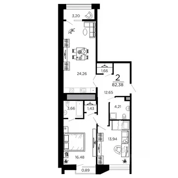 2-к кв. Рязанская область, Рязань ул. 1-я Железнодорожная (82.38 м)