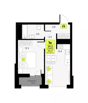 1-комнатная квартира: Тюмень, улица Андрея Приказнова, 7 (39.3 м)