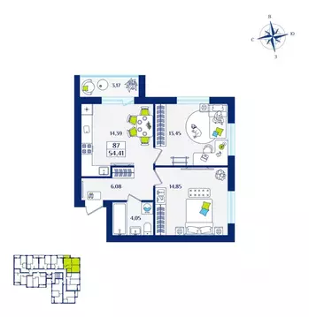 2-к кв. Калининградская область, Зеленоградск  (54.41 м)