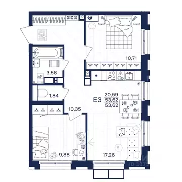 2-к кв. Тульская область, Тула Гармония жилой комплекс (53.62 м)