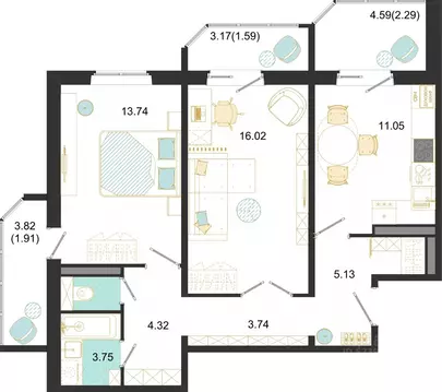 2-к кв. Московская область, Домодедово ул. Текстильщиков, 45 (63.54 м)