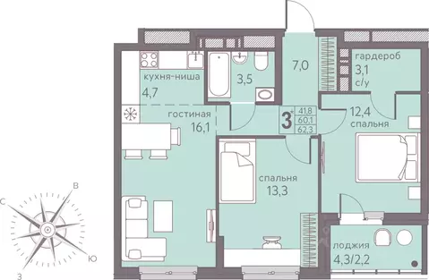 Студия Пермский край, Пермь ул. Серебристая, 7 (62.3 м)