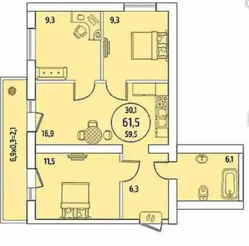 3-комнатная квартира: Новая Адыгея, Бжегокайская улица, 25/1к3 (61.9 ...
