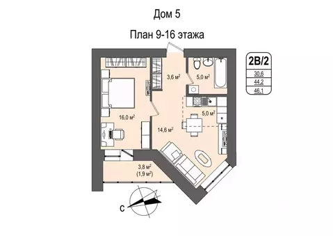 2-к кв. Кемеровская область, Кемерово 55-й мкр, 5 (46.1 м)