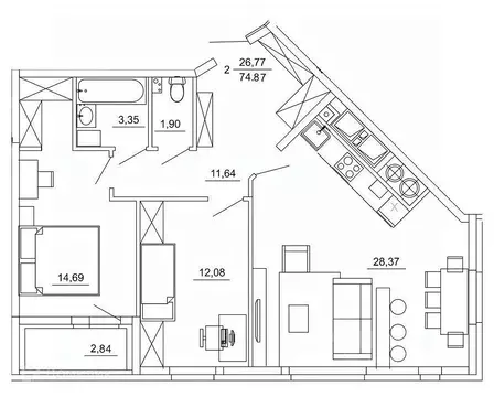 2-к кв. Рязанская область, Рязань ул. Земнухова (74.87 м)