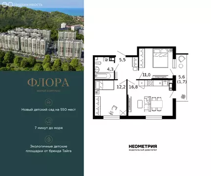 2-комнатная квартира: Сочи, улица Искры, 66/9к8 (51.5 м)