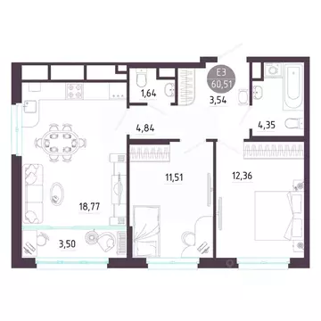 2-к кв. Тульская область, Тула ул. Пряничная, 7 (60.51 м)