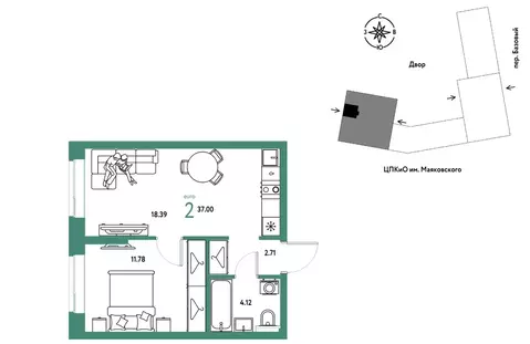 2-к кв. Свердловская область, Екатеринбург пер. Базовый, 10 (37.0 м)