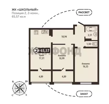 2-к кв. Брянская область, Брянск Школьный жилой комплекс (65.57 м)