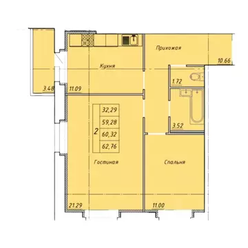 2-к кв. Тамбовская область, Тамбов ул. Гастелло, 109Б (62.76 м)