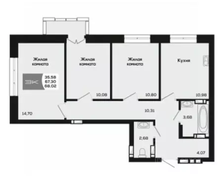 3-к кв. Новосибирская область, Новосибирск ул. Титова, 48 (67.3 м)