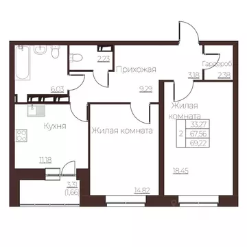 2-к кв. Орловская область, Орел ул. Левый Берег реки Оки, 21к1 (69.22 ...