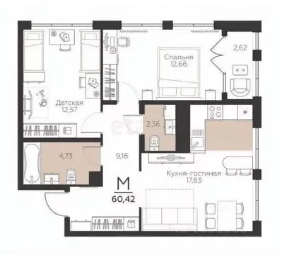 2-к кв. Тульская область, Тула городской округ, пос. Молодежный ул. ...