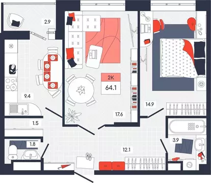 2-к кв. Тульская область, Тула ул. Академика Насоновой, 9 (64.1 м)