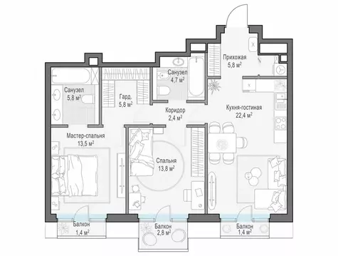 2-комнатная квартира: Москва, Средний Тишинский переулок (75.4 м)