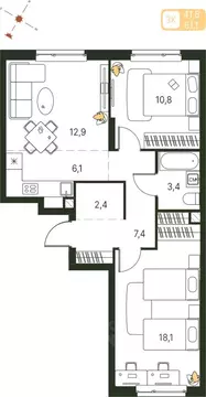 Студия Пермский край, Пермь ул. Серебристая, 1 (61.1 м)