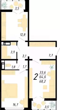 2-к кв. Воронежская область, Воронеж ул. Пескова, 8 (68.2 м)