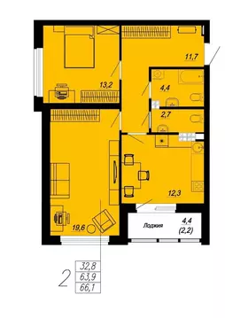2-к кв. Свердловская область, Екатеринбург ул. Блюхера, 93 (62.7 м)