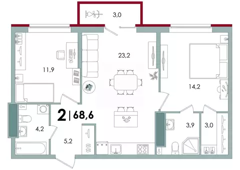 2-к кв. Тверская область, Тверь Южный жилой комплекс (68.6 м)