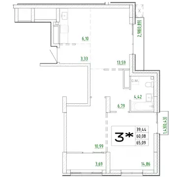 3-к кв. Приморский край, Владивосток Архитектор жилой комплекс (65.09 ...