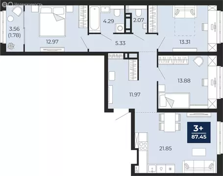 3-комнатная квартира: Тюмень, Камчатская улица, 107к1 (89.23 м)