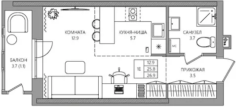 Студия Пермский край, Пермь Батумская ул., 21 (26.9 м)