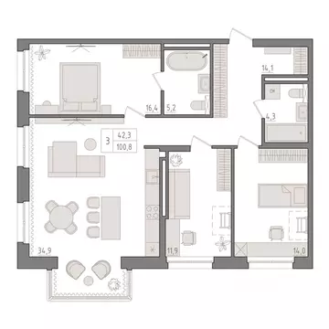 3-к кв. Башкортостан, Уфа 563-й кв-л,  (100.8 м)