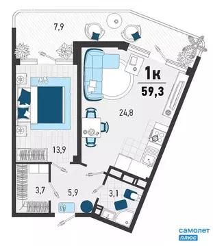 1-комнатная квартира: Агой, Конечная улица, 4 (59.3 м)