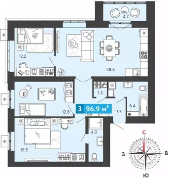 3-комнатная квартира: Засечное, микрорайон Город Спутник (96.9 м)
