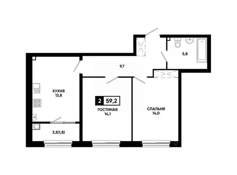 2-к кв. Ставропольский край, Ставрополь ул. Доваторцев, 179В (59.2 м)