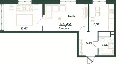 2-к кв. Башкортостан, Уфа ул. Ивана Спатара, 14 (44.64 м)