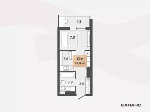 1-к кв. Тюменская область, Тюмень ул. Республики, 204к20 (25.35 м)