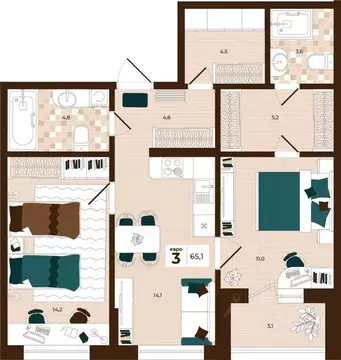 3-к кв. Тульская область, Тула ул. Академика Насоновой, 3 (65.1 м)