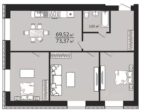 3-к кв. Ульяновская область, Ульяновск ул. Тимирязева, 48А (73.4 м)