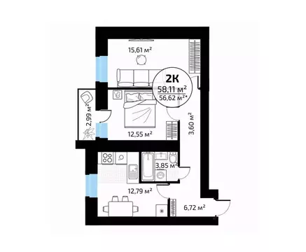 2-к кв. Самарская область, Самара пос. Мехзавод, 1-й кв-л, 50 (58.11 ...