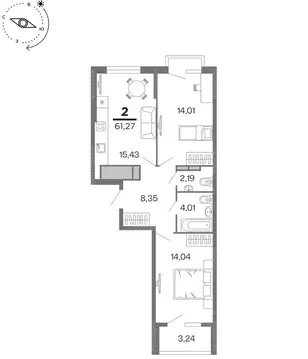 2-к кв. Рязанская область, Рязань Бирюзова Парк жилой комплекс (61.27 ...