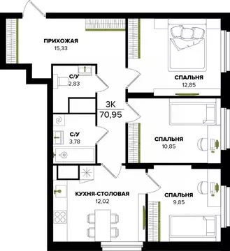 3-к кв. Тульская область, Тула ул. Академика Насоновой (70.95 м)