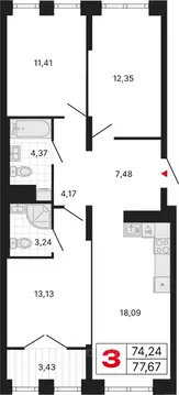 3-к кв. Свердловская область, Екатеринбург ул. Студенческая, 1Нк4 ...