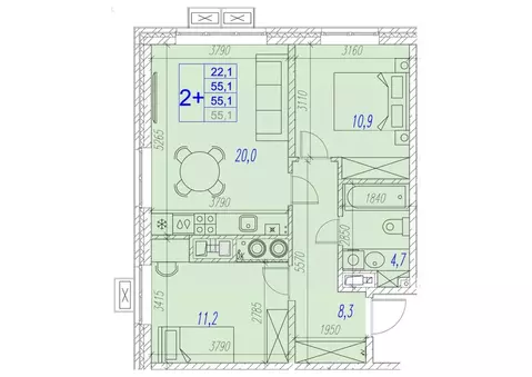 2-к кв. Астраханская область, Астрахань ул. Трофимова (55.1 м)