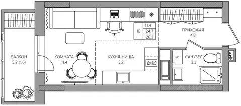 Студия Пермский край, Пермь Батумская ул., 21 (26.3 м)